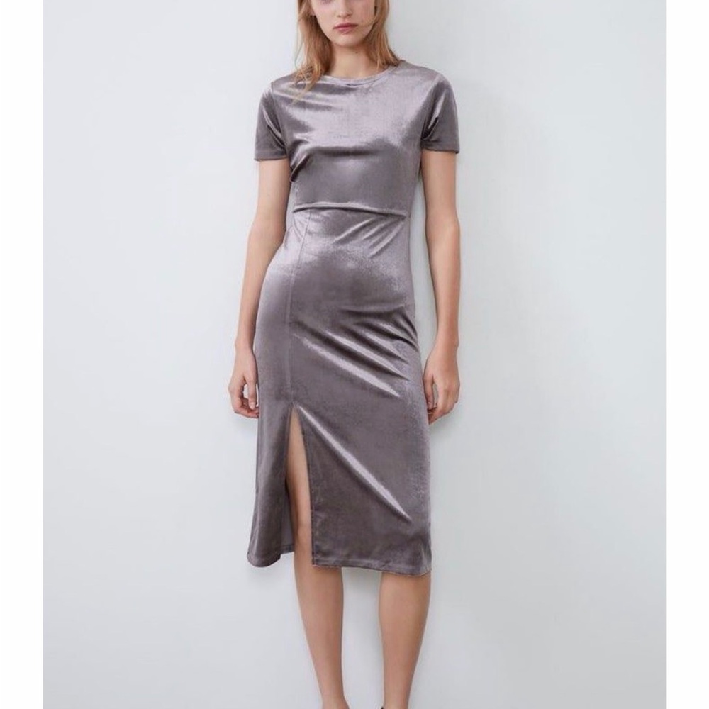 Zara Silver Velvet Short-Sleeve Midi Dress with Front Slit